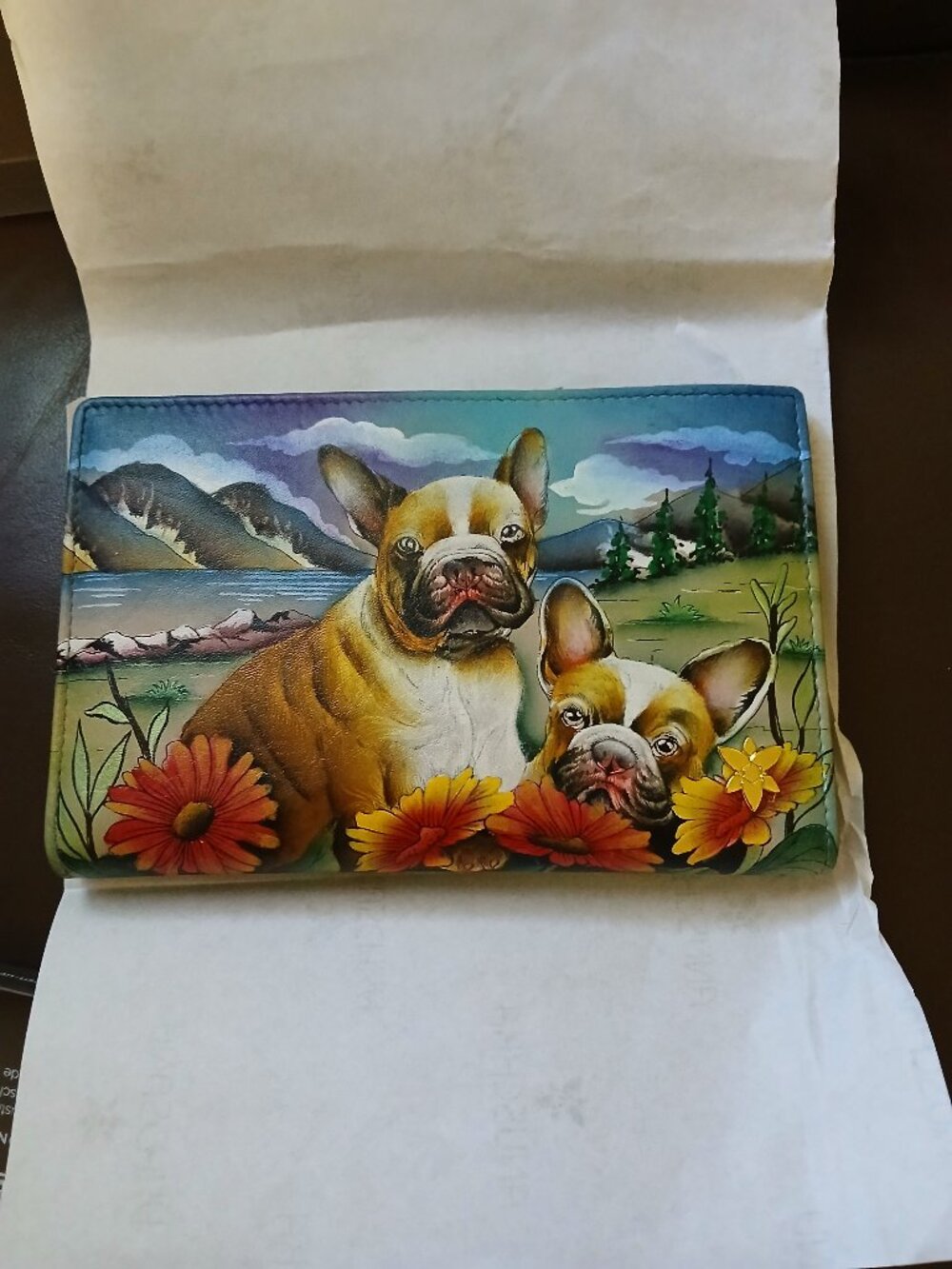 NWT Anuschka Two Fold Leather Wallet with Painted French Bulldogs